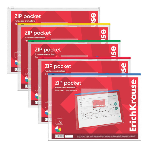 Папка на молнии "ZIP" А4, пластик, 140мкм, прозрач. ассорти 2935 Erich Krause