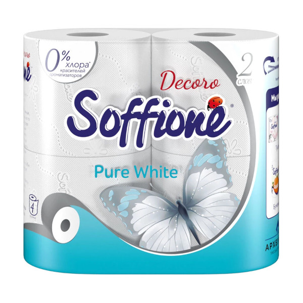Бумага туалетная 2-слойная Soffione "Pure white" 9,4см*18м, втулка, белая (1уп*4рул.) 10900059