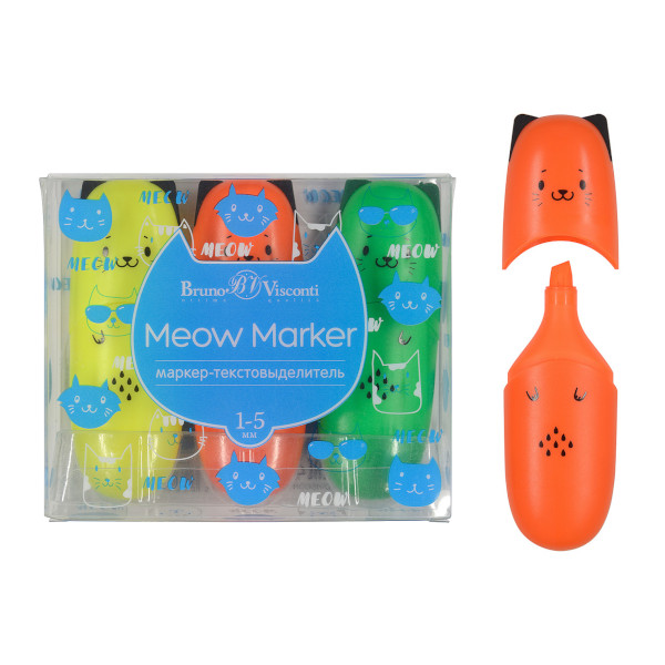 Набор текстовыделителей 3цв Bruno Visconti "Meow Marker. Неон" жел./зел./оранж./скош., 1-5мм 22-0104