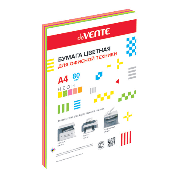 Бумага А4 75г/100л (5цв по 20л) неон 2072212 deVENTE