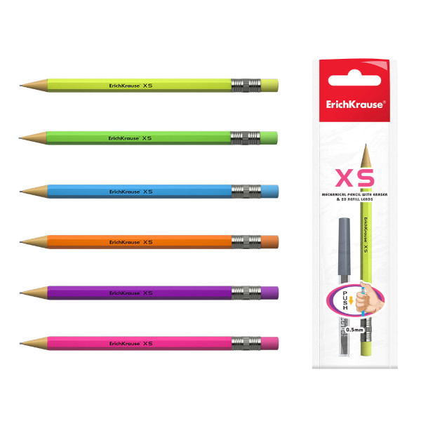 Карандаш механический 0,5мм HB, пластик. корп., ассорти, ластик, +20грифелей "XS" 45203 Erich Kraus