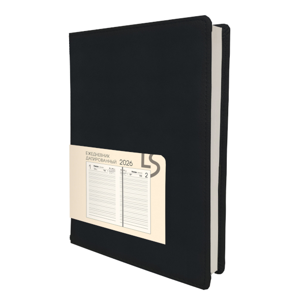 Ежедневник А5 2026 Listoff "Maple. Black" тв. обл., иск.кожа, сшивка, черный ЕКМ52617601