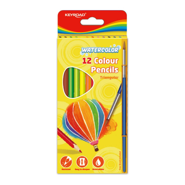 Карандаши акварельные 12цв., 3-гран., дерево, +кисть KR971872 Keyroad