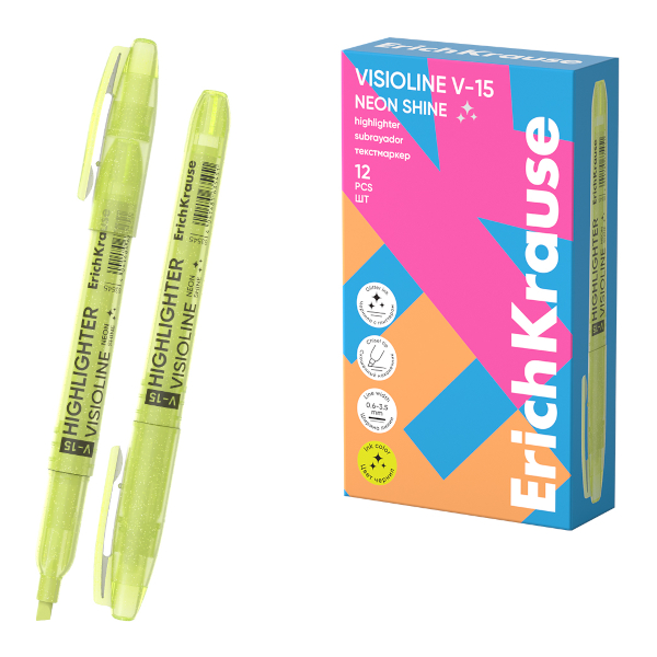 Текстовыделитель Erich Krause V-15 Neon Shine /желтый/скошенный/0,6-3,5мм 63545