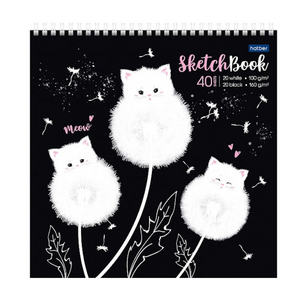 Блокнот Sketchbook 240*240мм 20+20л Hatber Premium "Одуванчиковые коты" гребень, подл. 40Б4Aгр_28219
