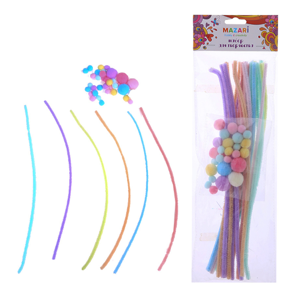 Набор проволока пушистая синельная (6мм, 30см, 24шт) + помпоны M-20103 MAZARI ТМ