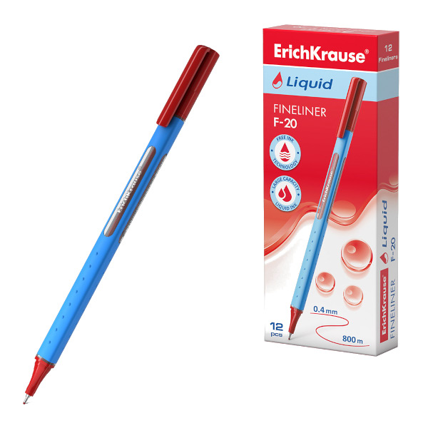 Ручка капиллярная 0,4мм, красный, корп. синий "Liquid F-20" 47971 Erich Krause