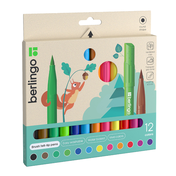 Фломастеры Berlingo "Brush" 12цв, смыв., утолщ., кисть, карт.уп. BP_00012