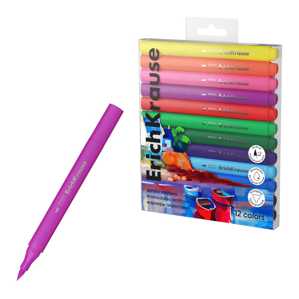 Набор маркеров акриловых Erich Krause "Art Spirit" 12цв., кисть, пластик.уп. 61840