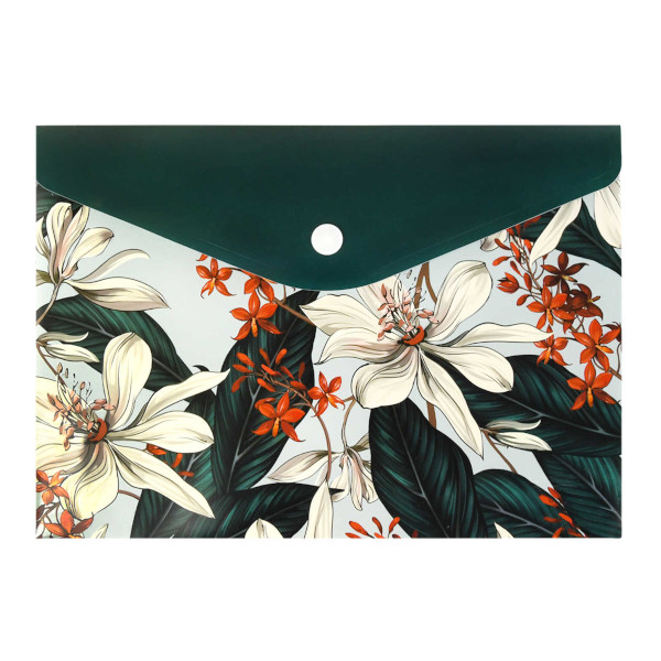 Папка-конверт на кнопке А5, 1отд., 180мкм, рисунок "Тропические цветы" 69021 Феникс+