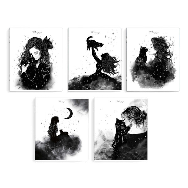 Тетрадь 48л А5+ клетка "Девушка с черным котом" картон, ассорти 68549 Феникс+