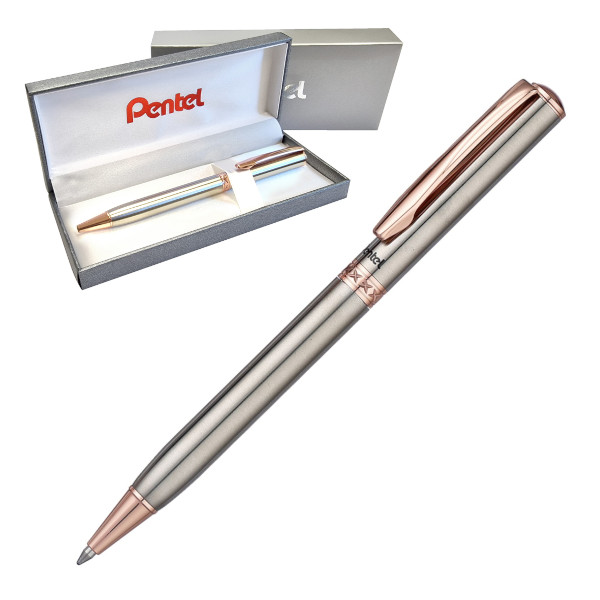 Ручка шар автомат. Pentel "Sterling B810" синяя, корпус маталл, серый/бронза, 0,8мм B810PG-CEBSET