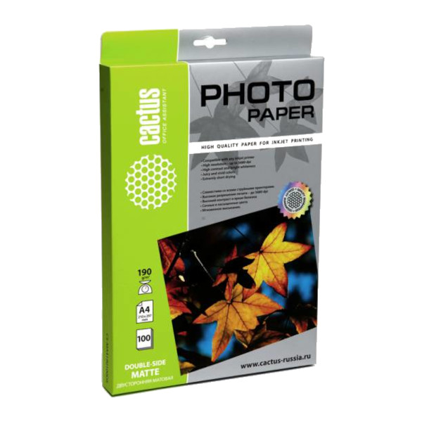 Бумага А4 Cactus для стр.пр. 190г/м2, матовая, двусторонняя CS-MA4190100DS (100л)