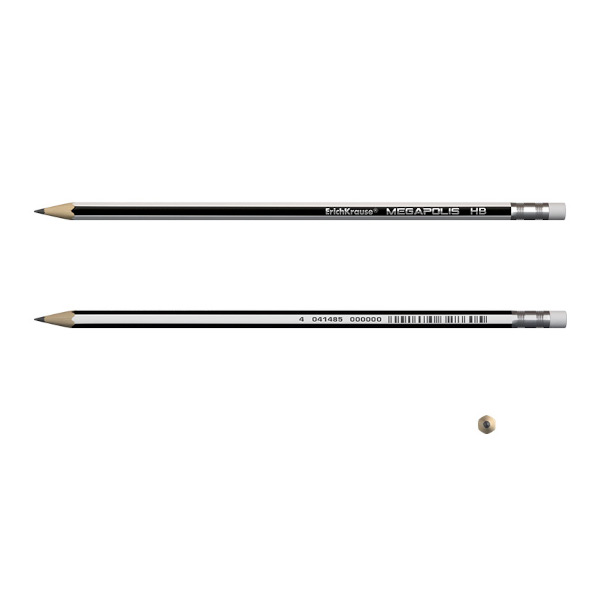 Карандаш ч/гр HB, дерево, 6-гран., ластик, серебряно/черный "Megapolis 101" 32860/45486 Erich Krause