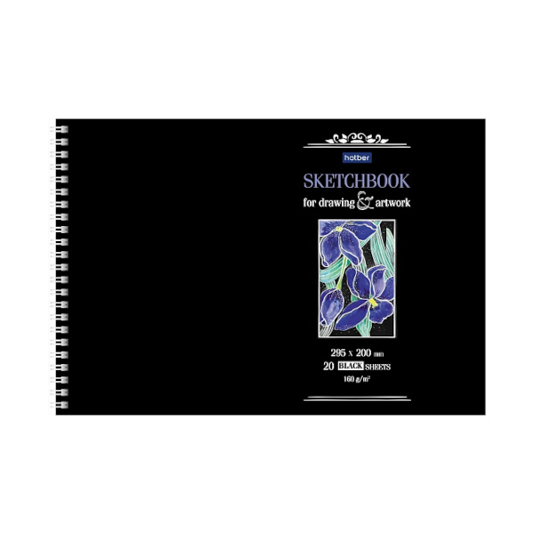 Скетчбук черные листы А4 20л, 160г/м2, гребень "Ирисы" 20А4Aгр_23480 Hatber