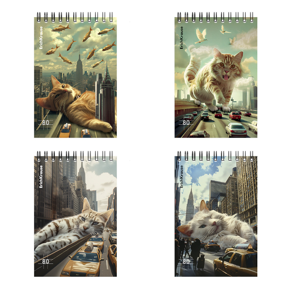 Блокнот А6 80л "Вig City Cats" клетка, гребень, мягк.обл., картон, ассорти 63385 Erich Krause