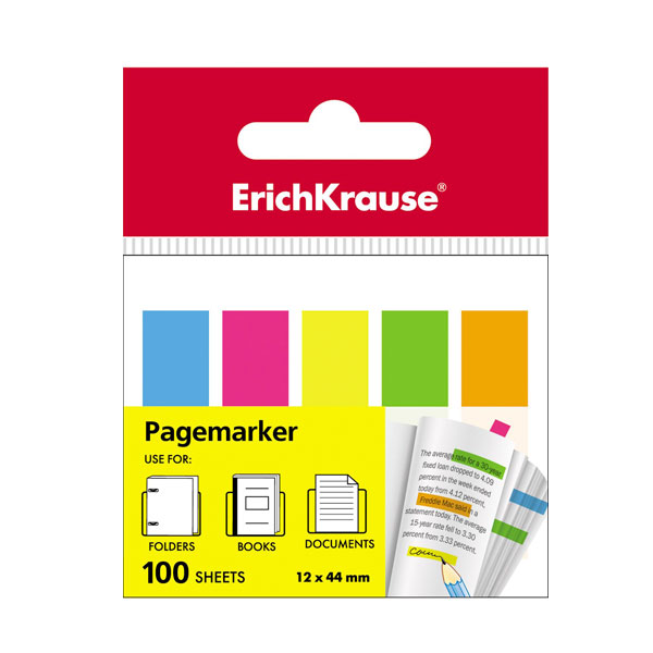 Набор самокл. закладок Erich Krause 12*44мм полимерная пленка (5 неон цв. по 20л) ЕК31177