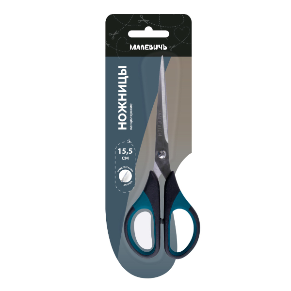 Ножницы 15,5см Малевичъ прорез., черный/бирюза 195323