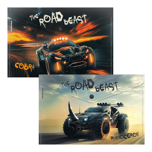 Папка-конверт на кнопке А4, 1отд., 160мкм, ассорти "Road Beast" 63510 Erich Krause.