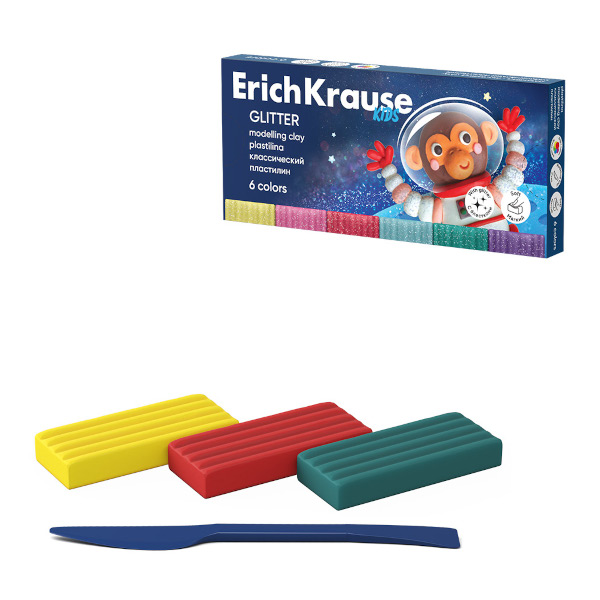 Пластилин Erich Krause "Kids Space Animals Glitter" 6цв, 108г, карт.уп., со стеком 61337