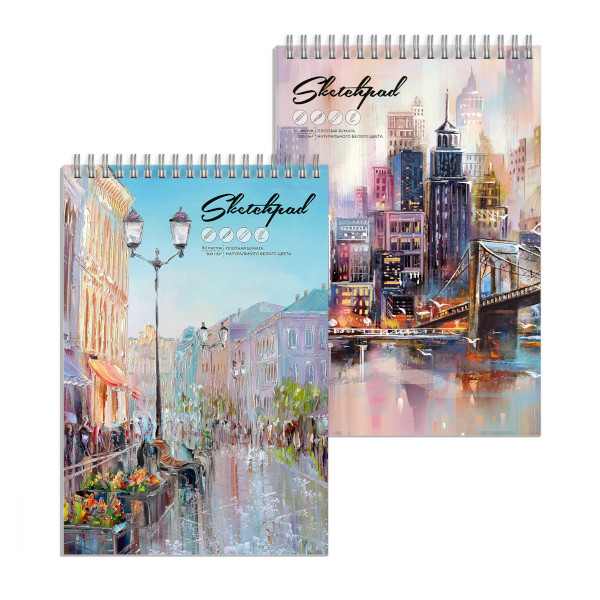 Скетчпад для графики и письма А4- 80л, 100г/м2, гребень "Живописный город" перевертыш 62832 Феникс+