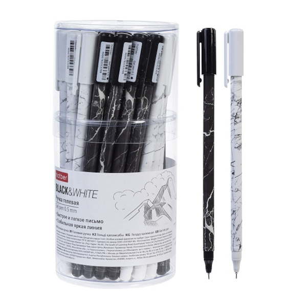 Ручка гелевая 0,5мм, черный, игольч., ассорти корп. "Black&White" GP_087496 Hatber