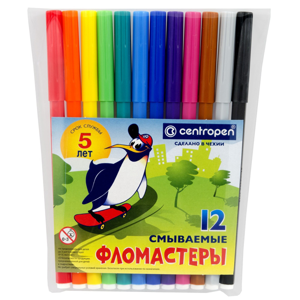 Фломастеры Centropen "Пингвины" 12цв смываемые, ПВХ-чехол 7790