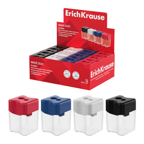Точилка Erich Krause "Wave Duo. Classic" 2 отв., пластик, контейнер, ассорти 60045