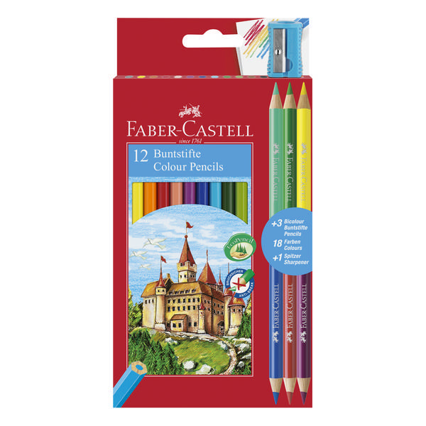 Карандаши Faber-Castell "Замок" 12цв, 6-гран., + 3шт. 2-х цветные + точилка в карт.уп. 110312