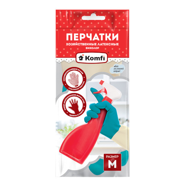 Перчатки хозяйственные латекс р.М, бежевый/бирюзовый Komfi BICOLO6 (1 пара)