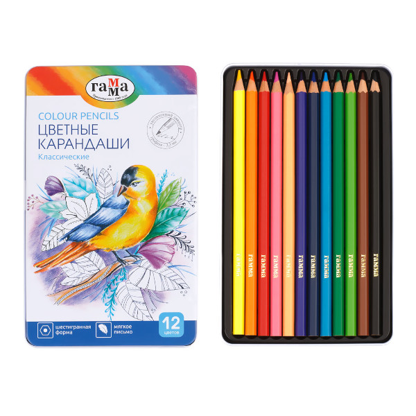 Карандаши 12цв, дерево, 6-гран. "Классические" метал.уп. 80220212 Гамма