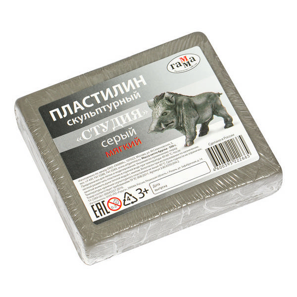 Пластилин скульптурный Гамма "Студия" серый, 500г, мягкий, полиэт.уп. 2.80.Е050.004.2