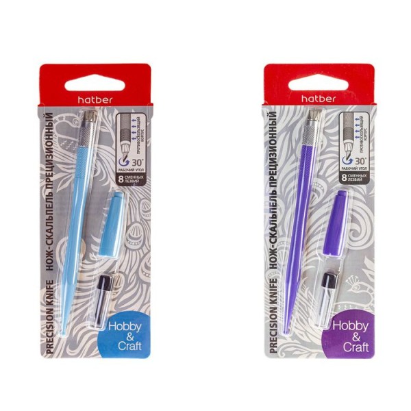 Нож-скальпель канцелярский 4*24мм, пластик., 8 лезвий, ассорти, блистер UK_065438/UK_065363 Hatber