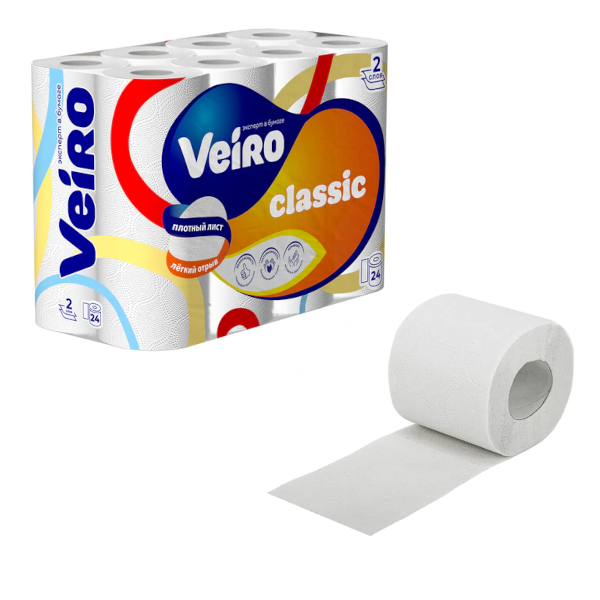 Бумага туалетная 2-слойная VEIRO "Classic" 9,2см*15м, втулка, белая (1уп*24рул.) 127072