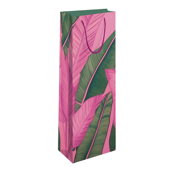 Пакет под бутылку 36*12*8,5см "Зелено-розовые листья" бумажный 0194.054 Арт Дизайн