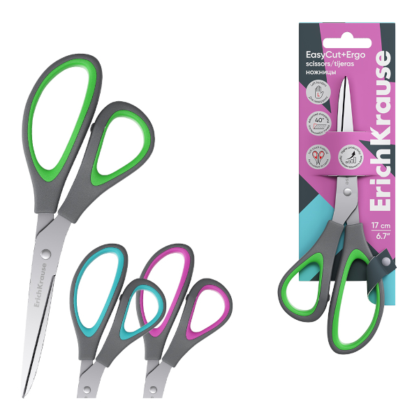 Ножницы для левшей 17см Erich Krause "EasyCut+ Ergo" асимметр., прорез., ассорти 60841
