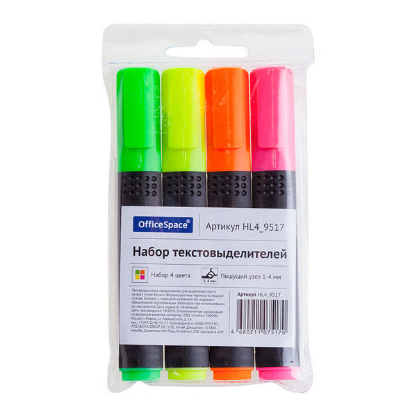 Набор текстовыделителей 4цв OfficeSpace /жел.,оранж.,роз.,зел./скошенный/1-4мм HL4_9517 