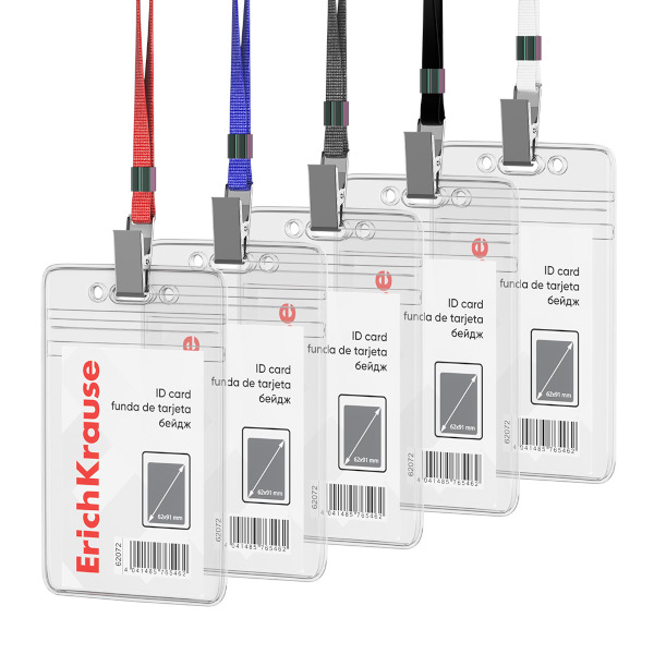 Бейдж 62*91мм вертикал., зажим/шнурок ассорти, пластик, прозрач. 62072 Erich Krause (1шт)