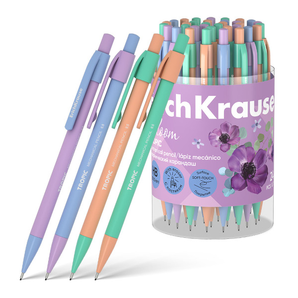 Карандаш механический 0,5мм HB, пластик.корп.ассорти, ласт."Tropic Pastel Bloom" 60748 Erich Krause