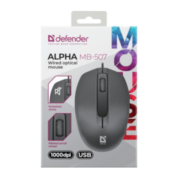 Мышь Defender "Alpha" 1000dpi, USB, проводная, черная MB-507