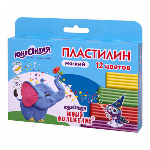 Пластилин ЮНЛАНДИЯ "ЮНЫЙ ВОЛШЕБНИК" 12цв, 180г, стек, картон. уп. 106439