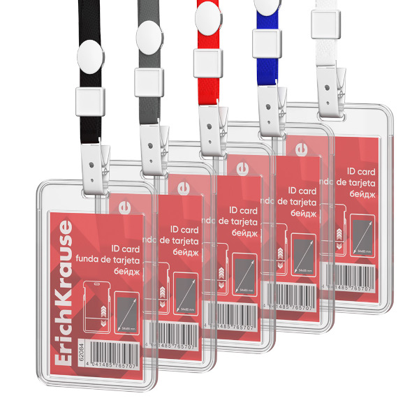 Бейдж 54*85мм вертикал., клип/шнур ассорти, пластик, прозрач. 62084 Erich Krause (1шт)