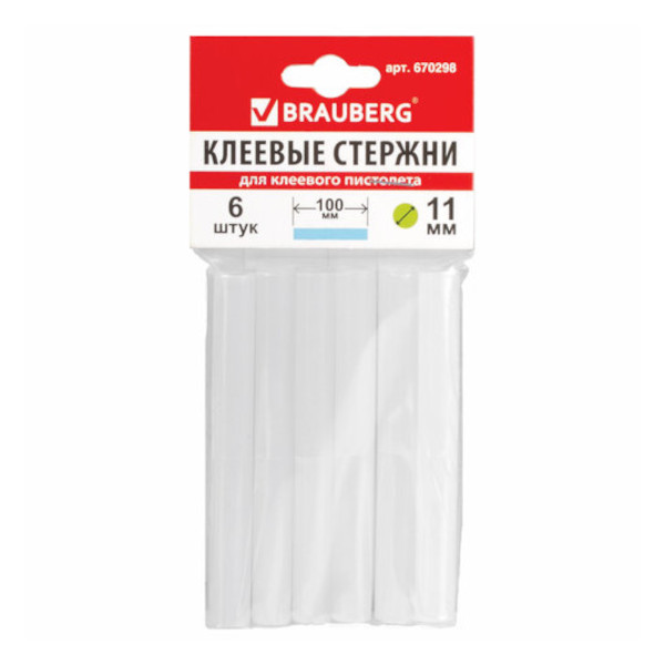 Стержни для клеевого пистолета, белый 6шт, 1,1*10см 670298 Brauberg