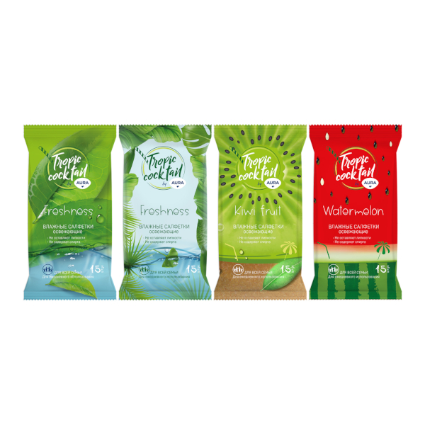 Салфетки влажные Aura "Tropic coctail" освежающие, ассорти, 15*20см, 15шт/пач 83824