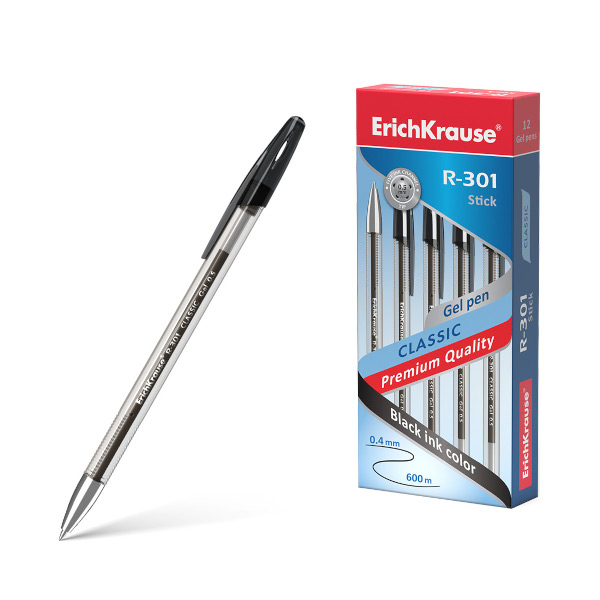 Ручка гелевая 0,5мм, черный, прозрач. корп. "R-301 Classic Gel Stick" 53347 Erich Krause