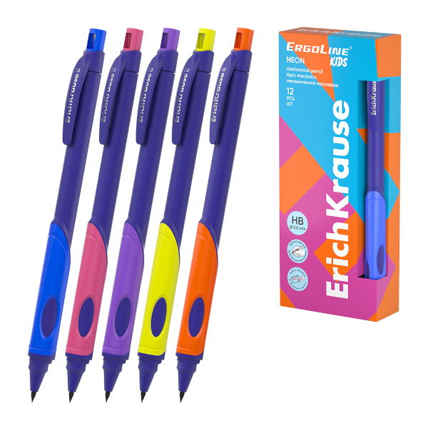 Карандаш механический 2мм HB, пластик. корп., точилка "Kids Neon" 63332 Erich Krause