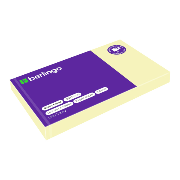 Липкий блок Berlingo "Ultra Sticky" 75*125мм, 100л, пастель желтый LSn_39300