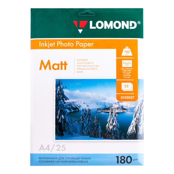 Бумага А4 Lomond для стр.пр. 180г/м2, матовая, односторонняя 0102037 (25л)
