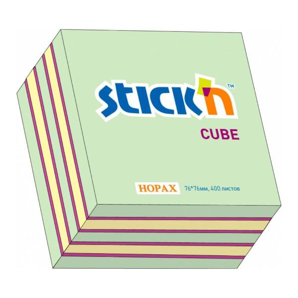 Липкий блок Stick`n "Cube" 76*76мм, 400л., пастель+неон, зеленый 21342