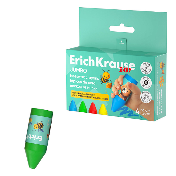 Мелки восковые Erich Krause "Baby Jumbo Bee Wax" утолщ., 4цв, круглые, карт.уп. 65454